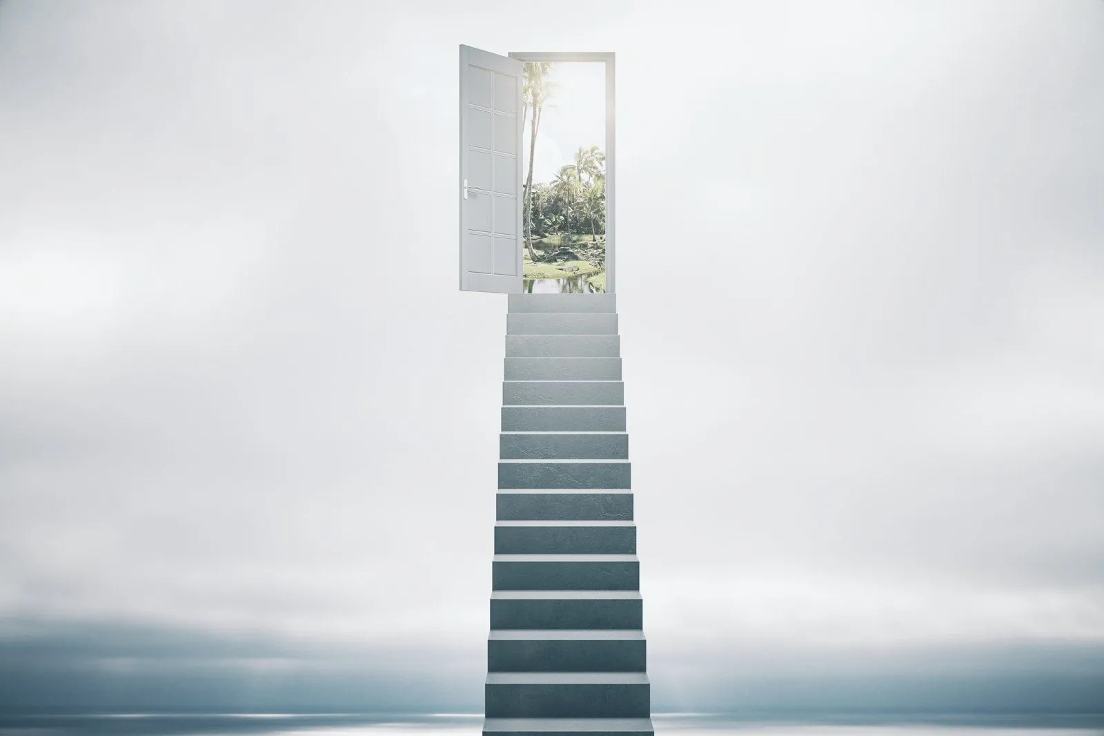 Escalier qui monte vers une porte ouverte sur la lumière
